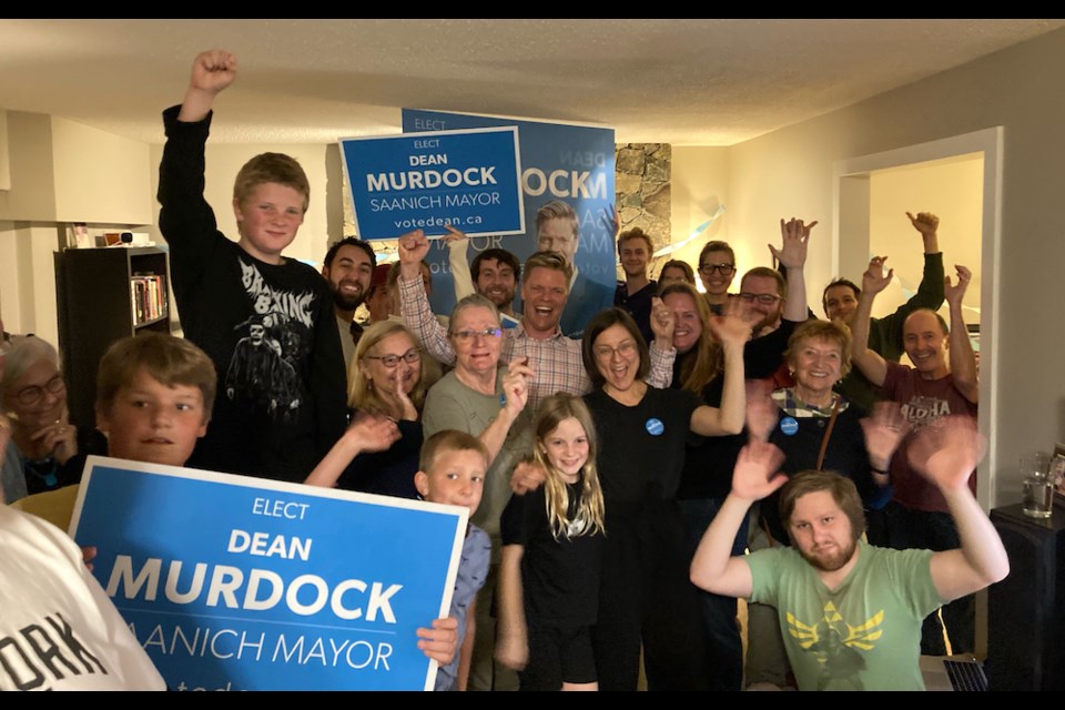 Dean Murdock, centre, celebrates his win as Saanich mayor on Saturday, Oct. 15, 2022. COURTESY DEAN MURDOCK